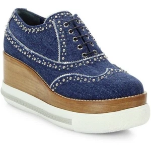 Miu Miu RARE DENIM PLATFORM Studded Wingtip Oxfords SNEAKERS EU 41 I LOVE SHOES - Picture 1 of 10