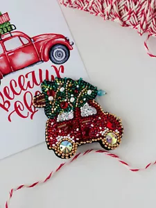 DIY Jewelry making kit "Christmas car", Seed beaded brooch, Bead Embroidery Kit - Picture 1 of 3