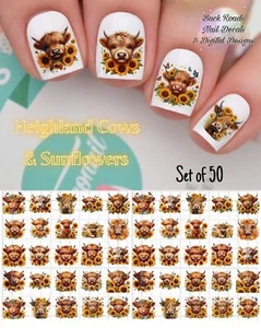 Juego de 50 calcomanías de uñas Highland Cows girasoles tobogán acuático bonificación e instrucciones - Imagen 1 de 5