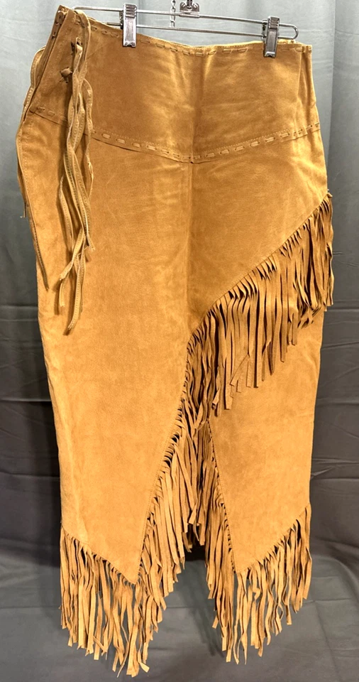 Falda larga de cuero marrón con flecos laterales de gamuza jabalí Scully para mujer talla XL L659 Foto 1 de 4
