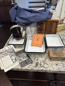 Vintage Darkroom Photo Film Developing Trays Enamel White/Blue, Thermometer, Etc - Picture 1 of 7