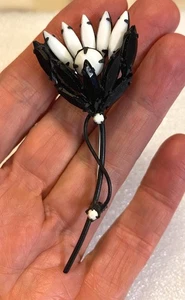 Vintage White Milk Glass Black Rhinestone Flower Pin Brooch 3”Japanned Metal EXC - Picture 1 of 7