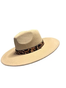 Cowboy Fedora Tan Women’s Fashion Hat Felt Leopard Band Boho Chic Western New - Picture 1 of 4