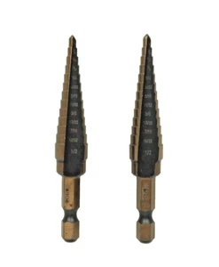 2PC HSS Titanium Step Drill Bit SAE 1/8" to 1/2" 13 Steps Hex Shank 1/4" 500711A - Picture 1 of 5