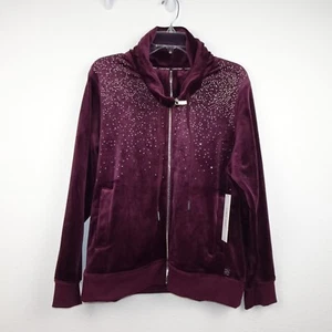Calvin Klein Velour Zip Up Jacket Women's Plus Size 0X Red Burgundy Embellished - Picture 1 of 12