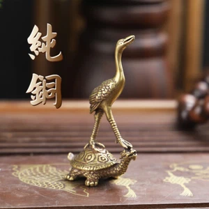 Antique Solid Bronze Tortoise Crane Decorations Antique Bronze Sculpture 2Pcs - Picture 1 of 9