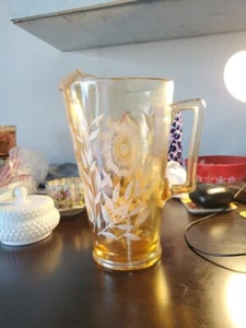 Vintage JEANETTE 1950s Marigold Carnival Glass Pitcher White Cosmos Design - Picture 1 of 1