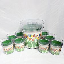 Vintage Thermo-Serv Ice Bucket W/lid & 8 Tumbler Cups Bar Set Tulips Flowers