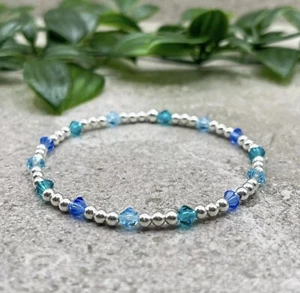 Sterling silver light blue dark blue 4mm Preciosa bead stretch stacking bracelet