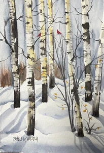 Pamela Wilhelm Original Loose Watercolor 5”x7” Cardinals & Birch Trees Winter - Picture 1 of 2