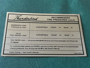 1966 Ford Thunderbird Tire Pressure Decal Hardtop Only Version Repro - Picture 1 of 1