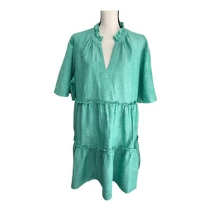 Mini Vestido Tuckernuck Crawford para Mujer 2XL Verde Mar Mezcla de Lino Volantes Cuello en V - Imagen 1 de 5