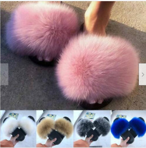Ladies Womens Fluffy Fur Luxury Slides Summer Flat Sandals Size Sliders Slippers