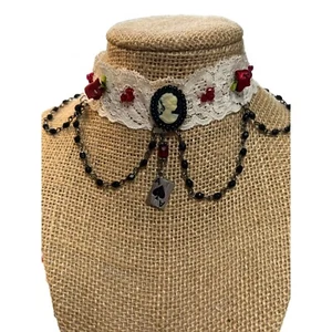 Choker Elastic Lace Black Cameo Dangles Ace Spades Flower Gothic 10.5" - 13" - Picture 1 of 5