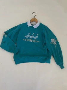 Vintage 90s DUCKS FLOWERS COLLARED GRANDMA SWEATSHIRT Large TEAL - Picture 1 of 8