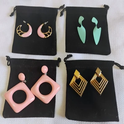 Lot of 4 Pairs Vintage Retro Earrings Pink Enamel Gold Tone Dangle Hoop Mint - Image 1 of 4