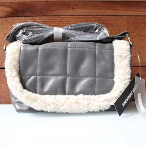 LIKE DREAMS Gray Quilted Shoulder Bag Faux Shearling Trim Winter Crossbody NWT - Picture 1 of 7