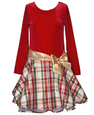 Nuevo con etiquetas Vestido de Navidad Bonnie Jean Niñas 14 Terciopelo Rojo Tafetán a Cuadros Manga Larga Foto 1 de 3