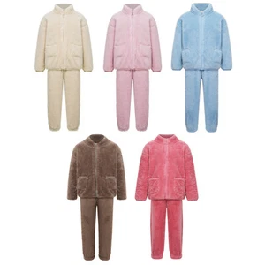 Unisex Kids Outfits Solid Color Sleepwear Tops Set With Pants Elastic Waistband - Picture 1 of 53