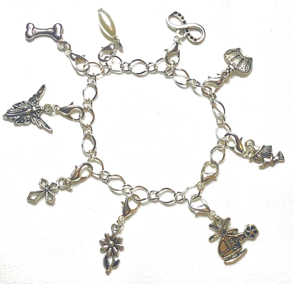 Armkette silber mit 9 Charm Anhänger Bettel-Armband Strass Frau Schmuck - Bild 1 von 4