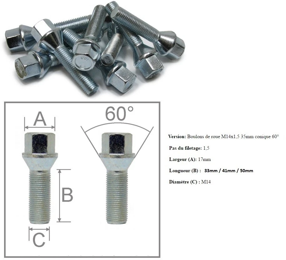 10 BOULON BOULONS GOUJON ECROU DE ROUE ASSISE CONIQUE M14 x 1,5 - 43MM - Photo 1/1