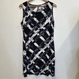 Nina Leonard Sleeveless Abstract Print Stretch Dress Navy Blue White L - Picture 1 of 4