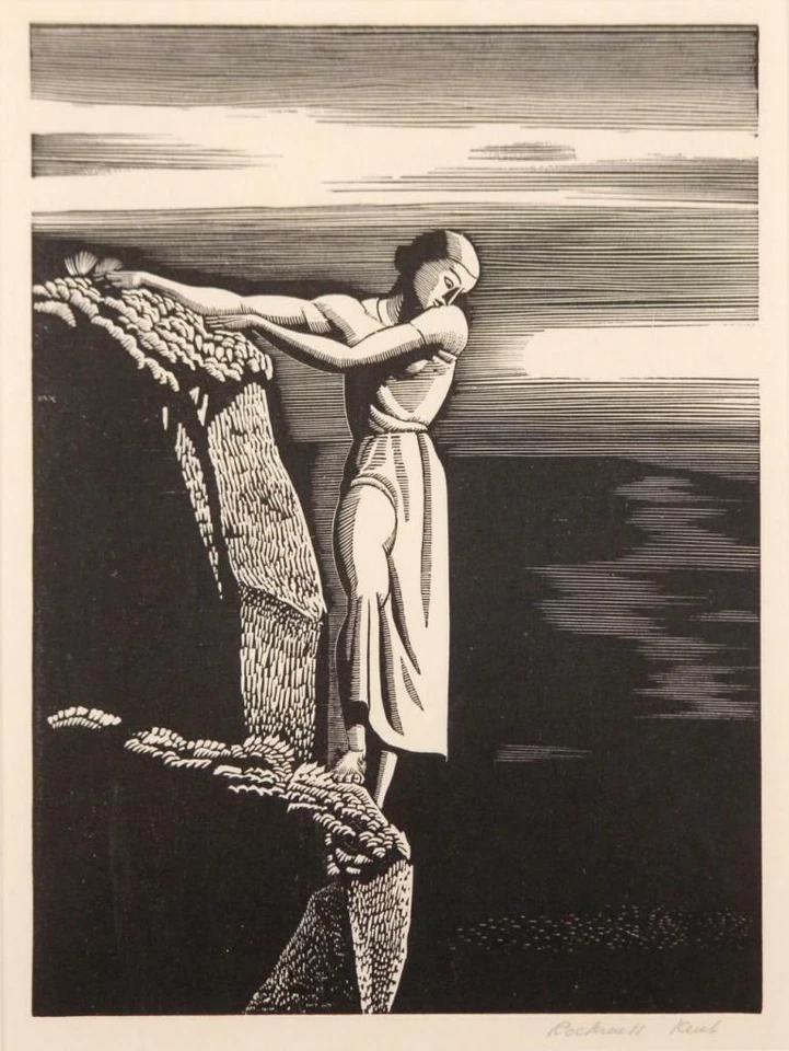 Girl on a Cliff – Rockwell Kent 1930 Wood Engraving Art Print Monochrome - Image 1 of 1