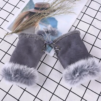 Faux Fur Suede Fingerless Gloves Mittens Soft Warm Fleece Lined Women Winter UK - Image 1 of 4