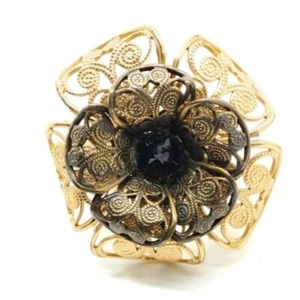 CHANEL Gold Statement Ring CC Camellia Flower Black Crystals Size 6 US Authentic - Picture 1 of 10