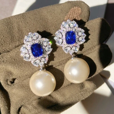New 12mm Shell pearl Sapphire Blue Topaz Gems Charm Women Dangle Stud Earring - Image 1 of 4