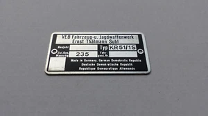 Typenschild Simson Schwalbe KR51/1S Plakette 235kg VEB, blanko, Original DDR - Bild 1 von 1