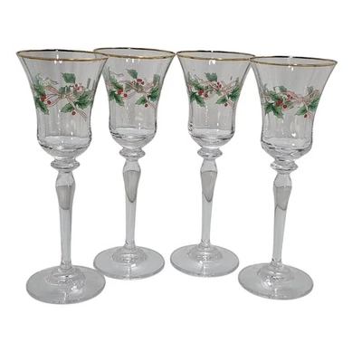 4 Mikasa Ribbon Holly Goblets 8.75" Christmas Holiday vtg 90s Gold Trim luxury - Image 1 of 4