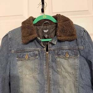 Vintage Coffee Shop Denim Coat Faux Fur Lining-Zip Front Ladies Large - Picture 1 of 12