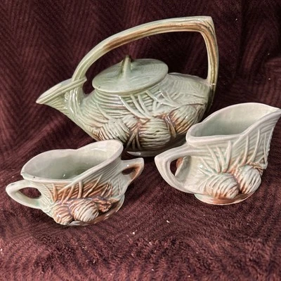 1950s McCoy Green And Brown Pinecone Teapot Set, w/ Sugar Bowl & Creamer READ - Image 1 of 4