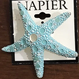 NAPIER Sea Lovers Starfish Silver Aqua Enamel Clear Crystal Brooch Pin - Picture 1 of 2