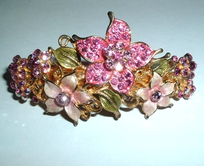 VINTAGE PINK ENAMEL AND RHINESTONE FLORAL 3"  HAIR BARRETTE - Image 1 of 3