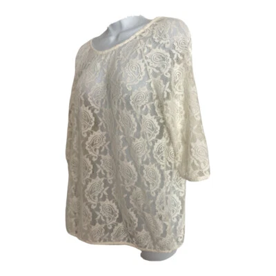 Y2K Basic Editions Womens Ivory Floral Lace Blouse Shirt Top Size M Semi Sheer - Изображение 1 из 4