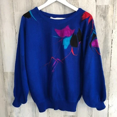 vtg 80s UMI Collections by ANNE CRIMMINS Sweater Sz L Blue Art-to-Wear Pullover - Image 1 of 4