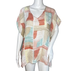 Camisa Chicos Mujer Pequeña Mediana Azul Crema Túnica Top 100% Lino Boho Lagenlook - Imagen 1 de 8