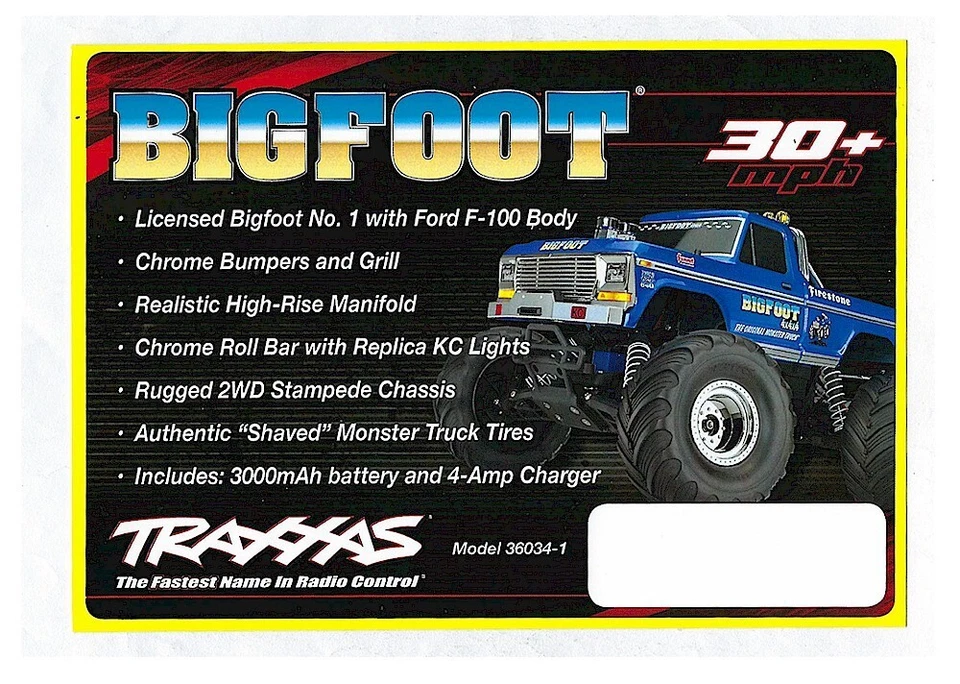 RC Car Truck Traxxas Bigfoot Single Sided 7x5" Dealer Promo Promotional Card - Image 1 of 1