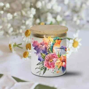 Vibrant Hummingbird Floral Frosted Candle Jar, Tealight With Timer Included - Picture 1 of 8