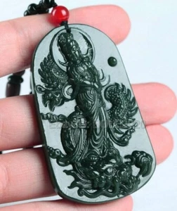 Natural Green HeTian Jade Chinese Dragon GuanYin Amulet Pendant Necklace Jewelry - Picture 1 of 6