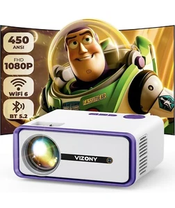 VIZONY Projector 450ANSI 1080P 5G WiFi Bluetooth Video Home Theater 250" Display - Picture 1 of 4