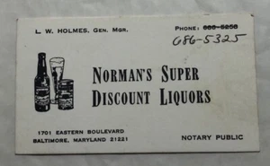 Norman's Super Discount's Liquors Baltimore, MD. Business Card - Picture 1 of 1