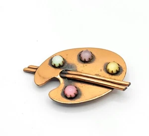 Vtg Brooch Pin Copper Painter Palette Art Glass Multi Color Paint Artist Unique - Picture 1 of 10