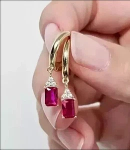 14K Yellow Gold Plated 2ct Emerald Cut Lab-Created Pink Ruby Drop Dangle Earring - Picture 1 of 4
