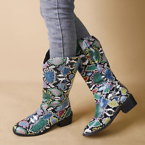 Ladies Cowboys Mid Calf Boots Printed Leather Chunky Heel Retro Western Boots