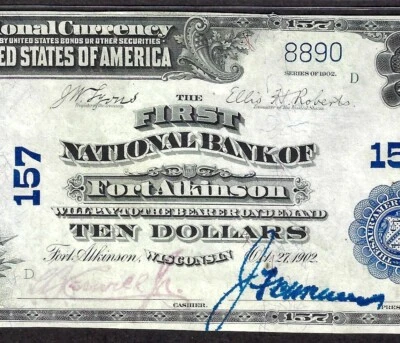 🇺🇸WI 1902 $10 ♚♚FORT ATKINSON, WISCONSIN♚♚ PMG EXTRE FINE 40 EPQ AMAZING ! - Image 1 of 3