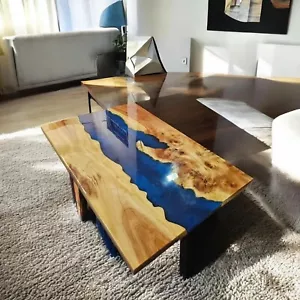 36"x24" Blue Epoxy Resin Center Sofa Dining Table Live Edge Wood Cafeteria Decor - Picture 1 of 10
