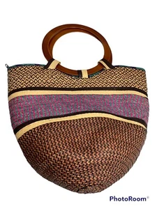 Straw Tote Striped Multicolor Multi Patterns Basket Wood Handles Lined 12x15x1” - Picture 1 of 5